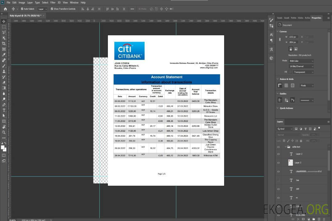Relevé bancaire de la Citibank de Côte d'Ivoire template Relevé bancaire de la Citibank de Côte d'Ivoire template
